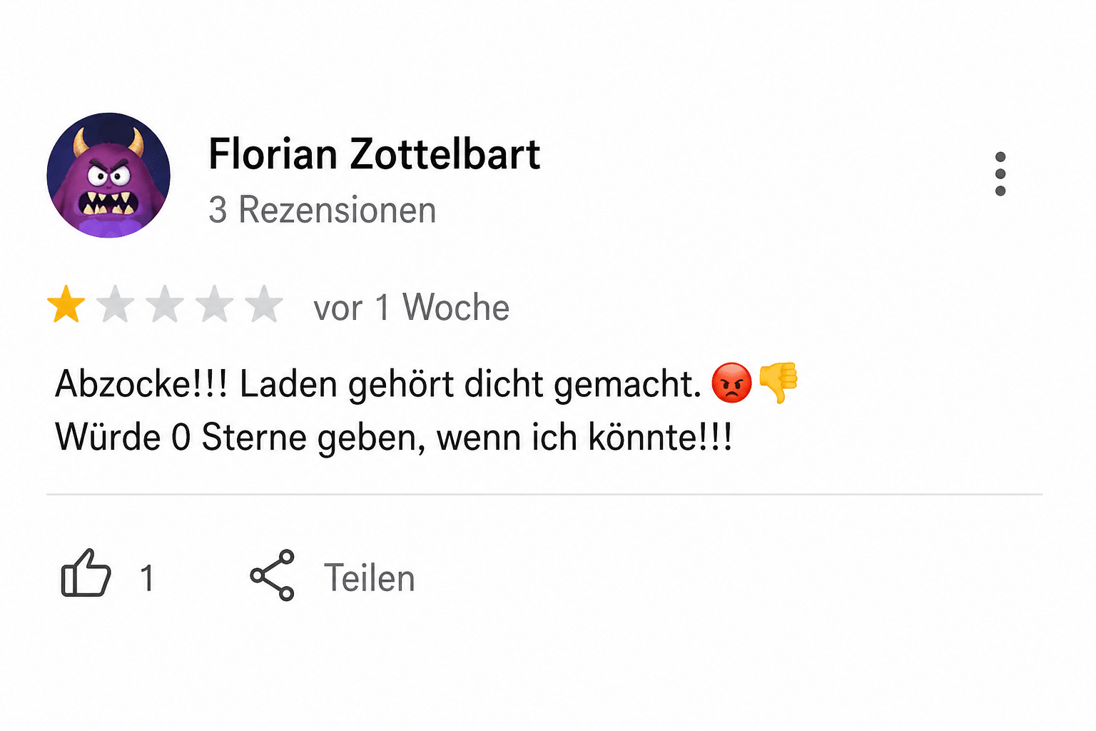 Beispiel einer negativen Google-Bewertung Nr. 1